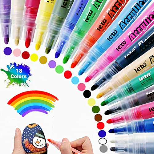 LETO Acrylstifte für Steine Wasserfest, 18 Farben Wasserfest stifte für Steine Bemalen Halloween Kürbis Holz Leinwand Ostereier Papier Glas Keramik Porzellan Kinder DIY (2-3mm Spitze)