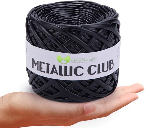 MeriWoolArt Premium metallic T-Shirt-garn, högkvalitativ polyester, läderutseende, stickgarn, 6–8 mm x 55 m garn textil, glänsande tillbehör