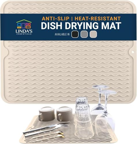 Silicone Dish Drying Mat, Multi-Use Dish Drying Mat for Kitchen Counter, Draining Board Mats, Silicone Draining Mats for Kitchen Sink, 40.6 x 30.5 cm, Drainer Mat by Linda’s Essentials, Beige