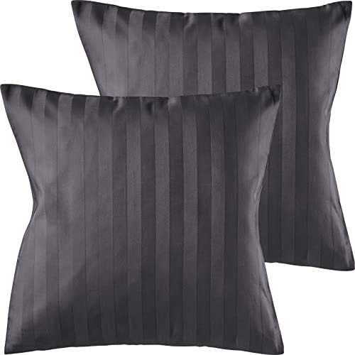 Pure Label 2er Set Mako Satin Damast Streifen Kissenbezüge 40x40 cm aus 100% Baumwolle in dunkelgrau| Traumhaft weiche Deko Kissen passend zu unseren Bettwäsche Sets