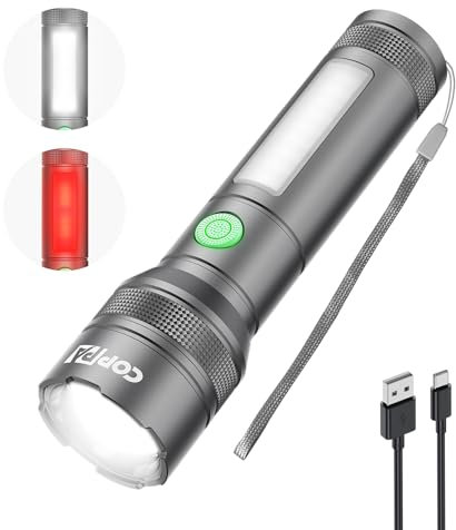 COPPA Torcia LED Ricaricabile, Torcia Potente Professionale 6 Modalità Zoom con Luce Laterale Rossa COB Alluminio Mini Torcia Elettrica per Emergenza Campeggio Trekking, Grigio