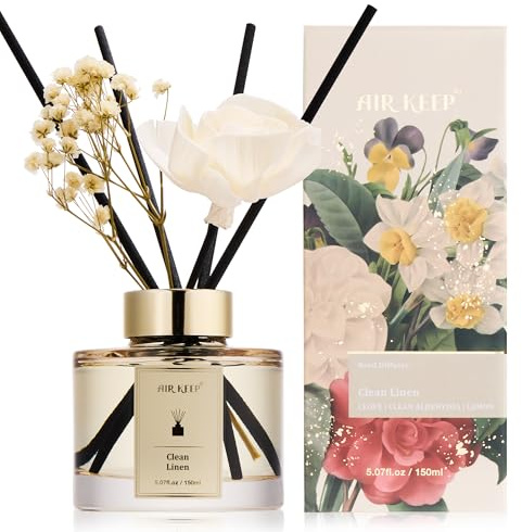 Airkeep Diffuseur de Parfum 150ml, Clean Linen Reed Diffuser Set, Rose Parfum d Ambiance Maison, Decoration pour Chambre, Salon, Salle de Bain, Bureau