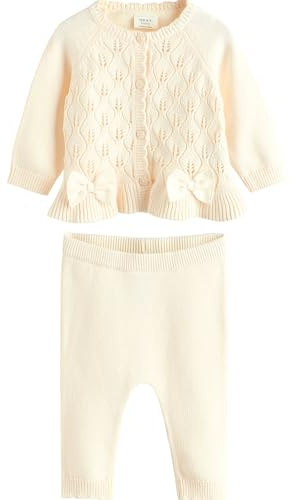 NEXT Bambina Completo neonati con cardigan in maglia 100% cotone con volant e fiocco Bianco 3 Mesi-6 Mesi