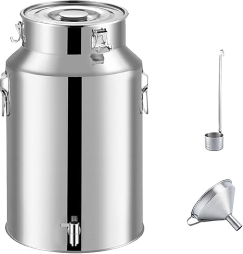 Stainless Steel Milk Churn Jug Cister with Spigot Dispenser - Wine Pail Bucket Sealed Milk Cream Transportation Container with Funnel and Wine Spoon, A, 22L