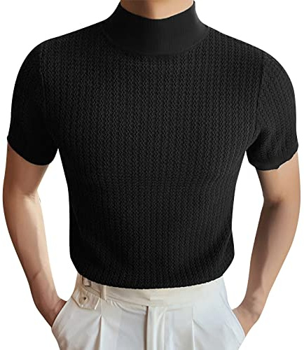 Haut à col Montant pour Homme, Chemise côtelée à col roulé à Manches Courtes et col Haut, Pull Thermique d'automne