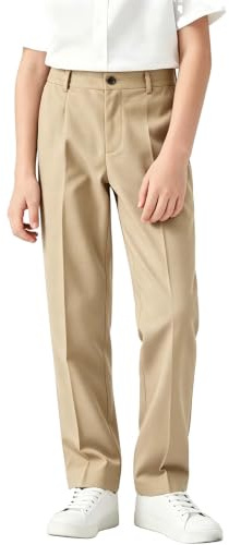 LOLANTA Pantaloni Scolastici Bambini, Pantaloni Kaki Chiaro Eleganti per Ragazzi, Sigaretta Formali Lunghi Uniforme per Scuola e Feste, vestibilità Robusta con Vita Regolabile, 12-13 Anni, 170