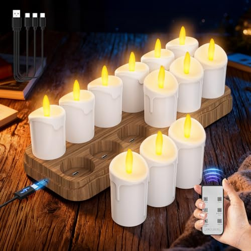 Candele LED Ricaricabili con Telecomando, Tea Light Candele Senza Fiamma, Candele Elettriche Funzionamento a Batteria Per Matrimonio, Halloween, Natale, Della Casa Decorazione (12pc con vassoio)