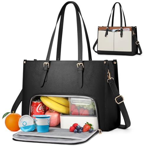 RAINSMORE Laptoptasche Damen mit Isoliertem Lunchfach 15,6 Zoll Handtasche Damen Groß PU Leder Arbeitstasche Aktentasche Wasserdicht Schultertasche für Arbeit Schule