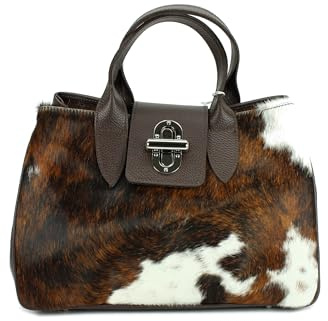 Belli Echt Leder Handtasche italienische Damen Ledertasche Umhängetasche Henkeltasche in braun mit Fell - 36x25x18 cm (B x H x T)