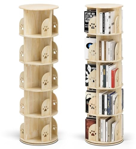 Libreria girevole a 360°, scaffale girevole a 5 piani in legno di pino naturale, ripiani liberamente montabili, stabile base girevole in acciaio, scaffale girevole, libreria multifunzione