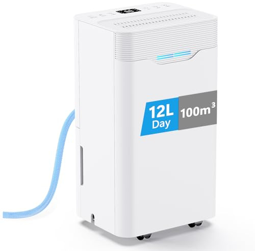 Deshumidificador eléctrico 12L/día con temporizador 24H, 3 modos, apagado automático, deshumidificador con manguera de desagüe para habitaciones de hasta 100m³, para apartamentos, sótanos, salones