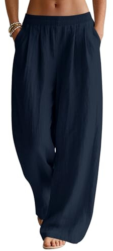 Rapbin Pantalon d'été en lin pour femme - Léger et large - Avec poches | Tissu en lin léger, jambes larges, taille élastique, poches, pantalon d'été pour le quotidien, la plage, les vacances