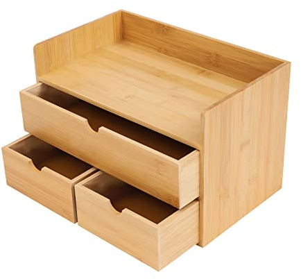 Boîte de rangement de tiroir - Organiseur de bureau en bambou avec 3 tiroirs - 33 x 19 x 20 cm - Pour timbres, notes, clips en papier, ciseaux (sur 2 à partir de 1 nul) (A1)