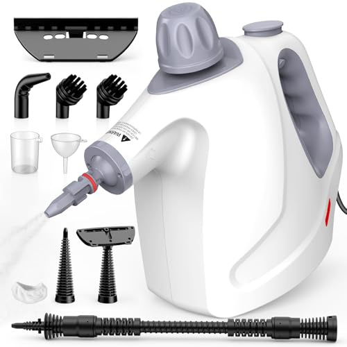 Dampfreiniger Handgerät - 10 Zubehör, 1050W 3,2 Bar Chemiefrei, Sicherheitsschloss, Steam Cleaner Handheld, Handdampfreiniger für alles Küche Bad Fenster Auto Polster Sofa, gegen Kalk, Fett & Schmutz