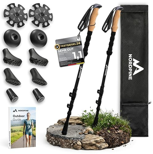 Wanderstöcke Teleskop Carbon oder Aluminium 65-135cm - Höhenverstellbare Walking Stöcke Damen & Herren - Nordic Walking Stöcke mit Korkgriff, Wolframspitze & Gummipuffer (Aluminum 65-135cm)