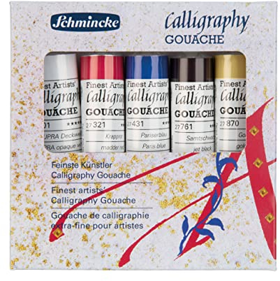 Schmincke - Calligraphy Gouache, 5 x 20 ml-Tuben, 72 705 097, 5 feinste Kalligraphie Farbtöne im Holzkasten, brillant, Kalligraphietechniken