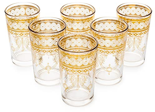Moroccan Glasses Artisan Hand-Made Multipurpose 170 ml 6 oz Tea, Coffee and Wine Moroccan, Hot & Cold Tumbler - Marrakech & Casablanca Tea Cups Set of 6 Hand Blown Colorful (Crystal Gold)