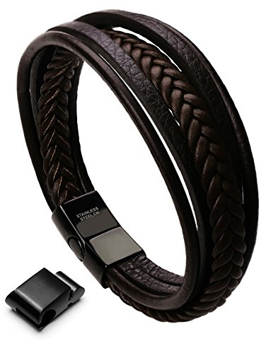 murtoo Herren Armband Edelstahl Echtleder Armband Naturstein Geflochten Mit Magnet Verschluss (19.0cm, braun)