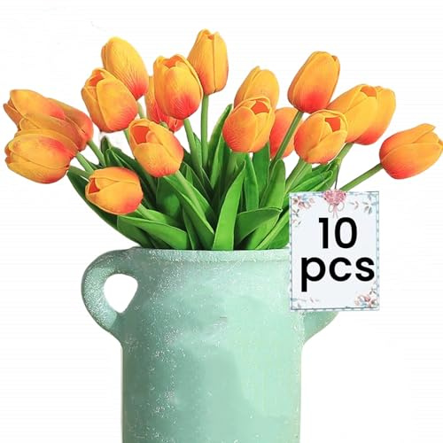 Siganorpy 10 st konstgjorda tulpaner, blommor, falska blommor, latex, tulpaner, verklig touch för fest, hem, bröllopsdekoration och gör-det-själv-dekor för rum, bröllop, heminredning (orange röd)