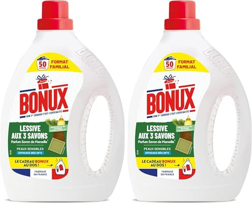 Bonux Lessive Liquide 3 Savons Bouteille | Adapté aux peaux sensibles | Nettoie en Profondeur | Pour linge Blanc et Couleur | 1,9L et 38 Lavages (Lot de 2)