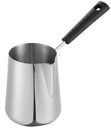 Mjölkkruka långt handtag mjölkkastrull kaffekanna med hällpip rostfritt stål mjölkvärmare gryta spishäll choklad smältpanna för kokande mjölk (600 ml)