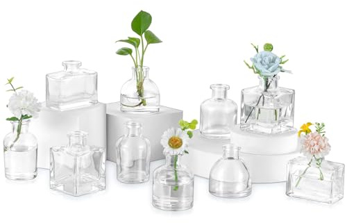 Glasseam Pequeños Jarrones para Centros de Mesa: Juego de 10 Mini Jarrones de Cristal Preciosos Jarrones Transparentes para Decorar Mesas en Bodas Fiestas y Comedores en Casa