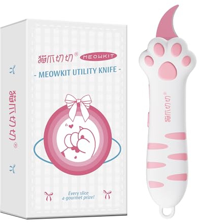 MEOWKIT Skärkniv, infällbar boxöppnare med non-stick-beläggning rostfritt stålblad och katttasshandtag, universalkniv för att öppna låda, kuvert, brev och kuponger (rosa)