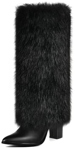 QLR 3.3-inch Chunky Knee High Fur Heel Boots Furry Fuzzy Fluffy Pointed Toe Boots for Women, Tall Long Wide Calf Boot with Side Zipper Fall Winter Snow Fold Over