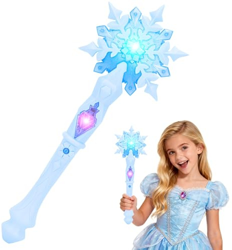 Waldspring Bacchetta Magica Luminosa Principessa, LED Bacchetta Fiocco di Neve Bambina con Luci e Suoni, DIY Fiocco di Neve Adesivi, Bambini Frozen Fata Carnevale Natale Halloween Winter Cosplay (Blu)