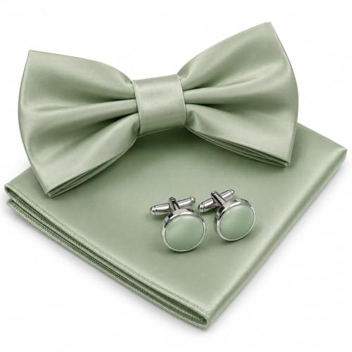 Pajarita para hombre con pañuelo de bolsillo, juego de gemelos elegantes | verdes preatados para traje de pajarita ajustable para fiesta de esmoquin, aspecto de seda, ocasiones formales con