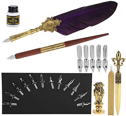 Yechiry Feather Pen Set Elegant Vintage Kalligrafisats för Författare, Konstnärer och Lärare - Innehåller 1 Fjäderpenna, 1 Dippenna, Brevöppnare, 5 Konstspetsar (SP248014R Lila)