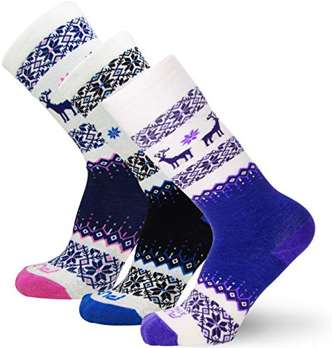 Pure Athlete Kids Merino Wool Ski Socks – Snow Sock for Boys, Girls, Children – Snowboard (3 Pairs - Cobalt Blue-Dark Purple-Pink, S/M)