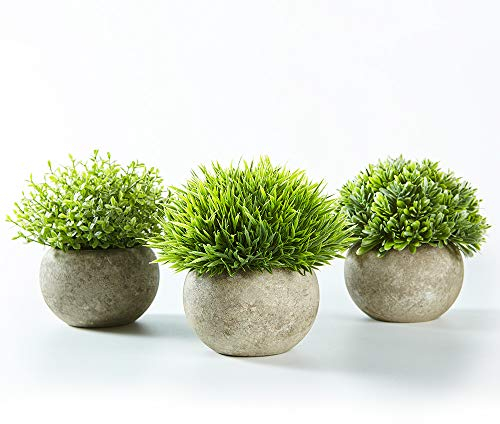 Jobary Set of 3 Artificial Plants in Grey Pots, Small Decorative Faux Plastic Artificial Plants Indoors， Lifelike Fake Plant for Home Office Bathroom Kitchen and Outdoor Decor