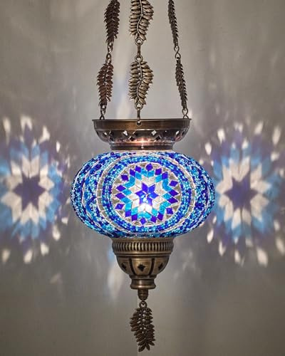 DEMMEX Turkisk marockansk färgglad mosaik bohemisk boho hängande ljushållare lykta med handgjord färgglad glasklot och metallbladkedjor, 61 cm (havsbris)