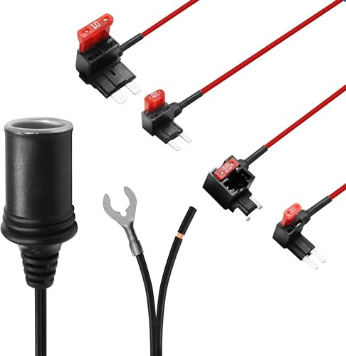MASIGO 12/24V Car Female Cigarette Lighter Socket Extension Cable with Add-a-Circuit Fuse Tap Adapter, Direct Wire Dash Cam to Battery, Includes 10A Blade Fuse (4 Types)