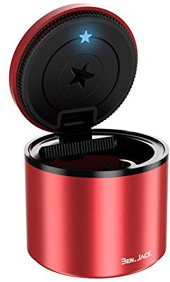 Auto Aschenbecher mit Deckel Geruchsdicht, Aschenbecher Auto mit Halterung LED Licht Leuchtend Metall Personalisiert Autoaschenbecher, für Auto, Haus, Büro, Balkon, Outdoor (Rot)