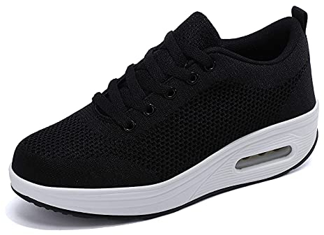 Laufschuhe Damen Plateau Turnschuhe Leicht Walkingschuhe Keilabsatz Freizeitschuhe Frauen Fitnessschuhe Atmungsaktiv Sportschuhe Bequeme Sneaker Schwarz D 40EU