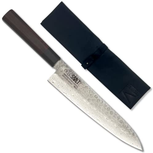 REDSALT® Professional Series GYUTO 牛刀 21cm Damaststahl 69 Lagen Chefmesser handgefertigt in Japan | Profi Kochmesser & Ledertasche | Damast Hammerschlag Klinge | Damastmesser Küchenmesser