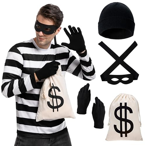 Spooktacular Creations Halloween Adult Robber Costume Set, Include T-shirt Gloves Bags and Eye Mask for Halloween Party