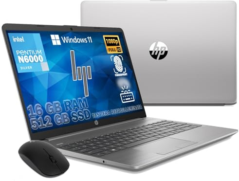 HP 250 G9 Notebook 2024 Ultra Silenzioso, RAM 16GB, SSD 512GB, Display FullHD 15.6, Intel N6000 4 Core da 3,3 GHz, tastiera retroilluminata, touch id, Win 11 Pro, Libre office, Mouse OMAGGIO