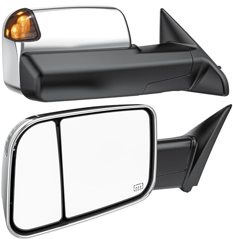 Smoked Power Heated Tow Mirrors Compatible with 2009-2018 Dodge Ram 1500, 2010-2018 2500 3500, 2019-2024 1500 Classic Flip Up Extended Trailer Towing Side Mirrors with Puddle Light, Chrome Housing