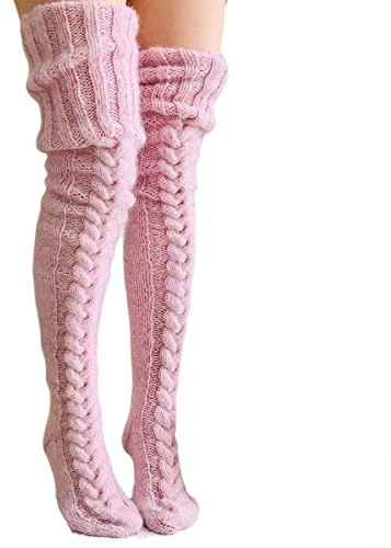 Edhomenn Women's Thigh High Socks Over the Knee Stockings Cable Knit Boot Socks Long Winter Leg Warmers (A-Pink, One Size)