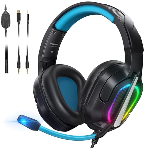 Krysenix PG2 Gaming Headset for PS4, PS5, PC, Xbox One, Switch, Wired Gamer Headphones with AI Stereo Microphone Sound, Ergonomic Design Over Ear Computer Headset with 3.5mm Jack & LED Black/Blue