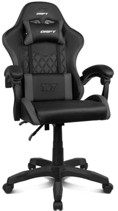 DRIFT GAMING DR35 – Professionell ergonomisk gamingstol med svankstöd och justerbara 2D-armstöd, 135° lutningsbar, robust bas, tysta hjul, klädsel i konstläder, Svart/Grå