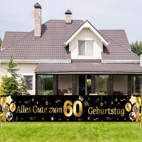 60. Geburtstag Deko Banner für Mann in Gold Schwarz - Langer Hintergrund zum Happy 60th Birthday - 40*270cm