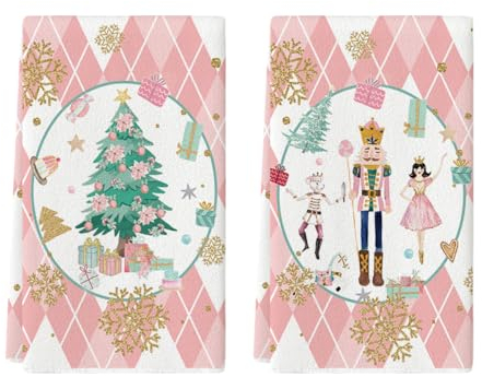Artoid Mode Rosa Diamant Plaid Nussknacker Weihnachtsbaum Weihnachten Küchentücher Geschirrtücher, 42x65 cm Winter Deko Polyester Handtücher 2er Set