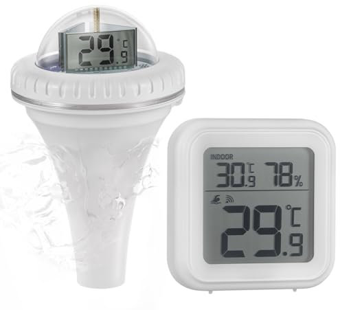 Termometro per Piscina Senza fili, Digitale Termometro per Piscina Galleggiante Lettura Facile Display LCD a 3, Temperatura Interna Umidità, per Piscina, Laghetto, Acquario