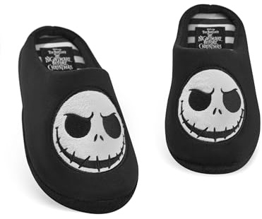 Disney Der Albtraum vor Weihnachten Unisex-Hausschuhe | Slip-On-Pantoletten für Erwachsene mit Jack Skellington-Charaktergesicht in Schwarz | Halloween Town Indoor-Hausschuhe | Klassisches