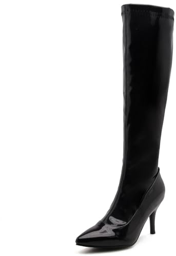 OALEEN Bottes Hautes Genoux Femme Hiver Chaude Talon Aiguille Sexy Vernis Bout Pointu Soirée Chaussures Fourrées Noir 38
