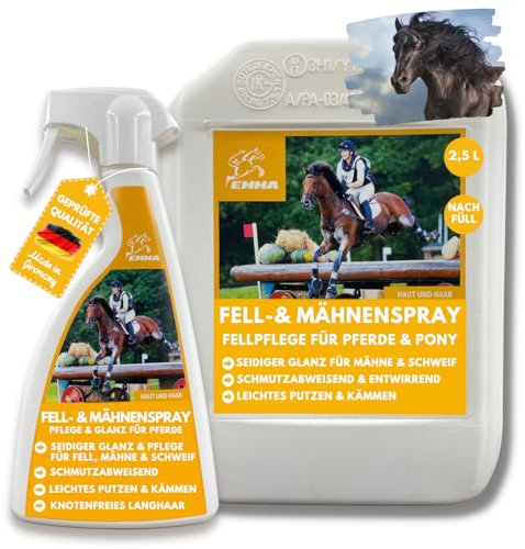 EMMA Spray de cola y crines para caballos, 2,5 l, 500 ml, bidón para el cuidado del pelaje, spray brillante y peinable para pelaje, melena, cola, espray para caballos, cuidado de caballos, accesorios